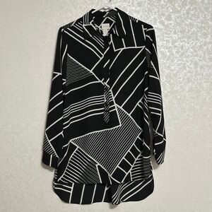 Chico's Black White Geometric Print‎ Long Sleeve Tunic Shirt Semi Sheer Sz 0 S